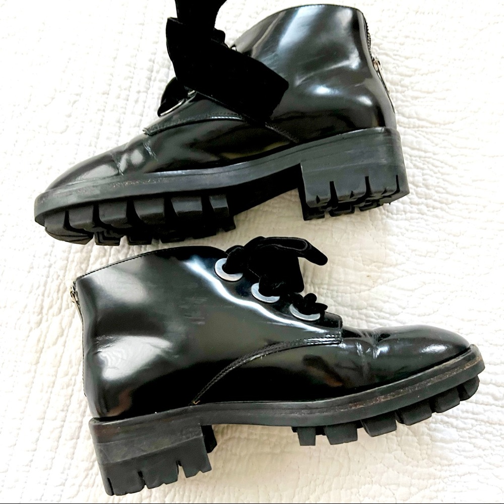 Sandro Black Patent Leather Velvet Lace Platform Combat Ankle Boots Size 37 7